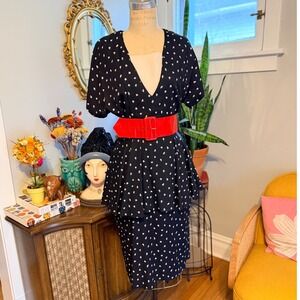Eloquence Vintage 80s Black White‎ Dash Print Peplum Belted Midi Dress Size M